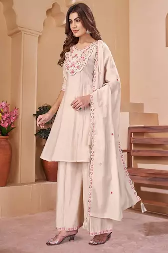 Embroidered chanderi anarkali kurta with pant & dupatta set for women