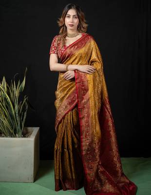 Mustard satin woven saree with blouse 1