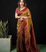 Mustard satin woven saree with blouse