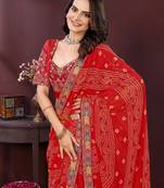Red bahdhani printed embroidered georgette saree with unstitched blouse