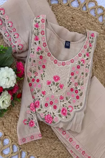 Embroidered chanderi anarkali kurta with pant & dupatta set for women
