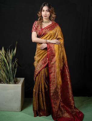 Mustard satin woven saree with blouse 2