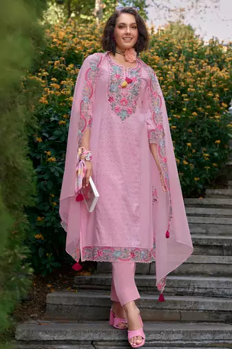 Pink embroidered pure cotton kurta trouser dupatta set