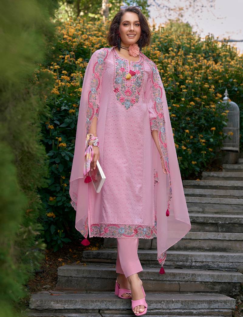 Pink embroidered pure cotton kurta trouser dupatta set