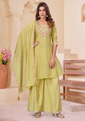 Embroidered chanderi anarkali kurta with pant & dupatta set for women 1