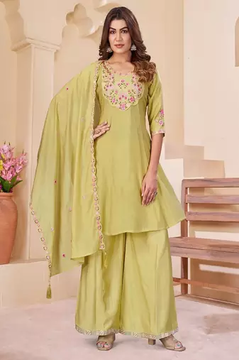 Embroidered chanderi anarkali kurta with pant & dupatta set for women