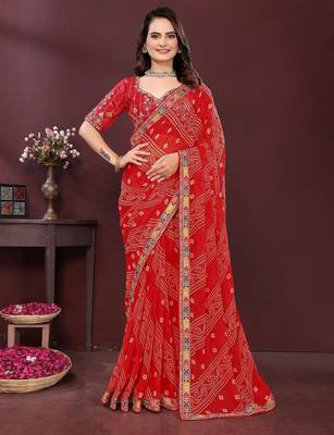Red bahdhani printed embroidered georgette saree with unstitched blouse 2