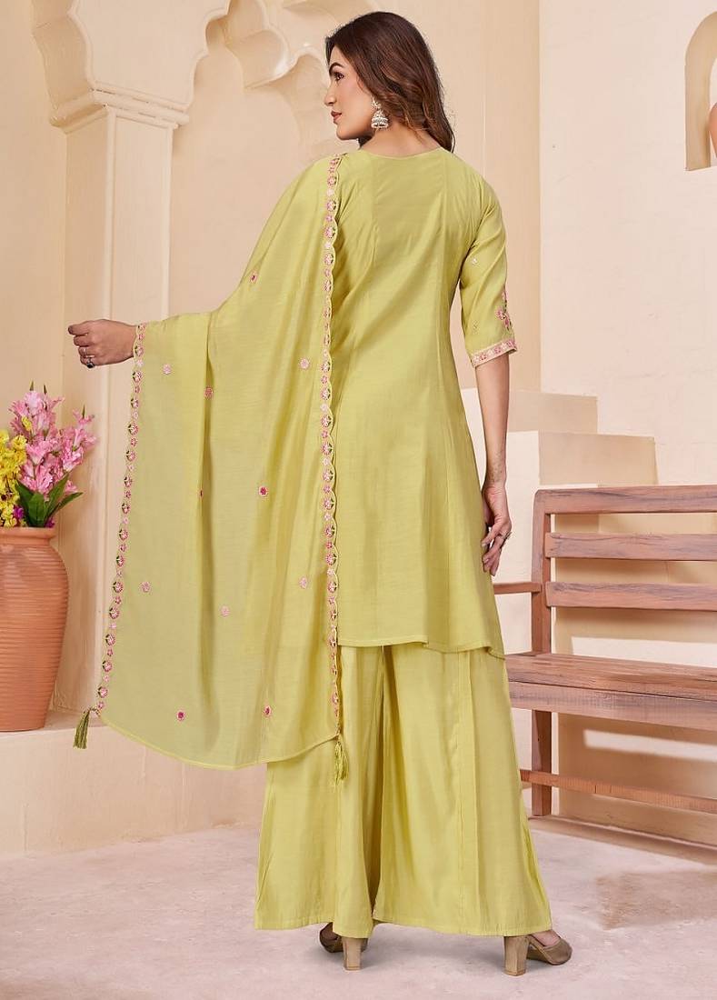 Embroidered chanderi anarkali kurta with pant & dupatta set for women