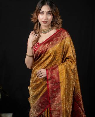 Mustard satin woven saree with blouse 3