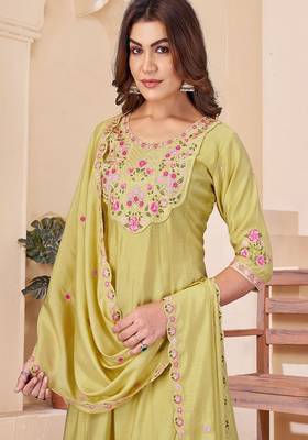 Embroidered chanderi anarkali kurta with pant & dupatta set for women 3