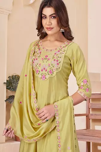Embroidered chanderi anarkali kurta with pant & dupatta set for women