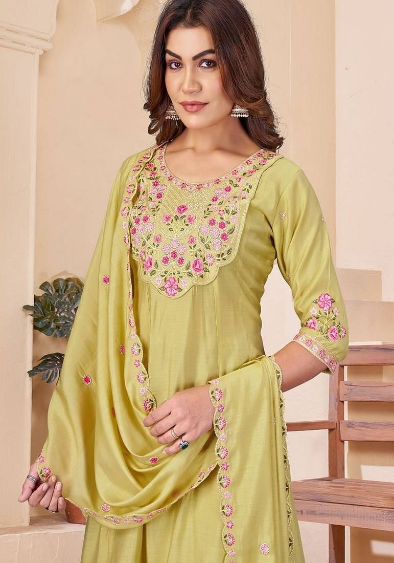 Embroidered chanderi anarkali kurta with pant & dupatta set for women