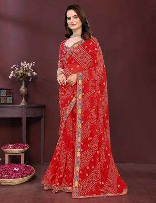 Red bahdhani printed embroidered georgette saree with unstitched blouse 3