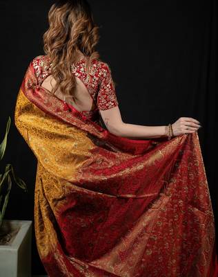 Mustard satin woven saree with blouse 4