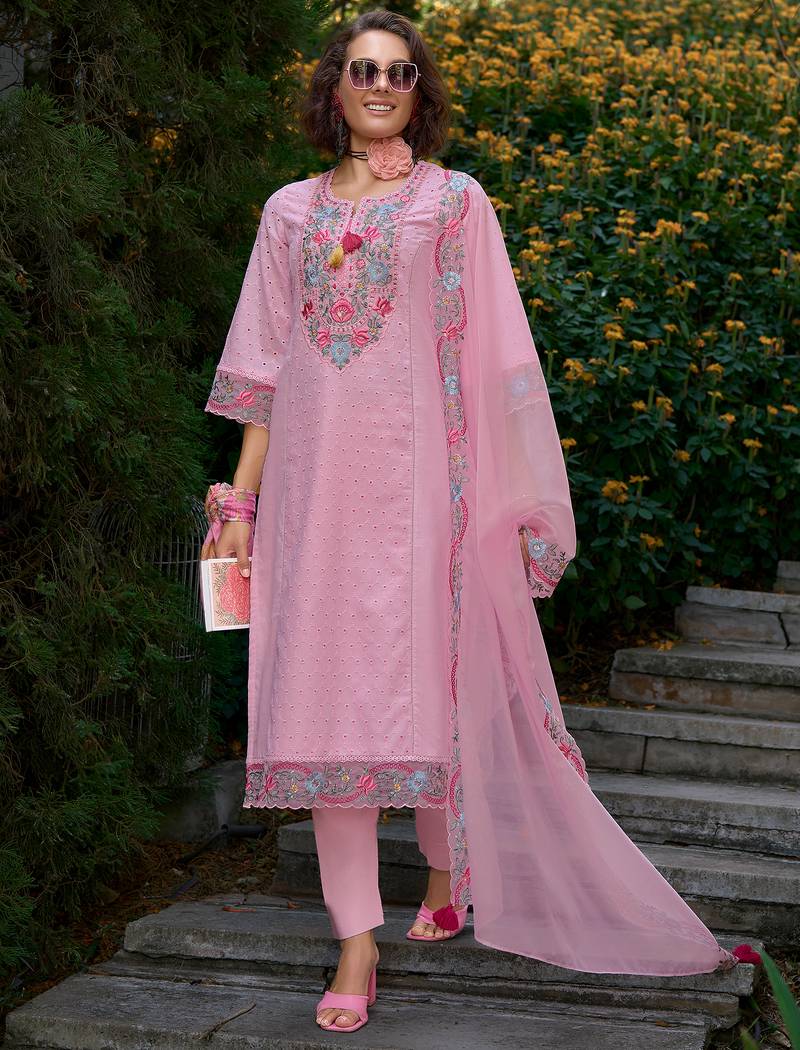 Pink embroidered pure cotton kurta trouser dupatta set