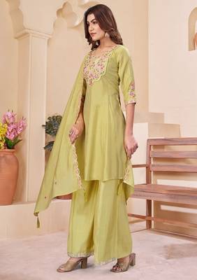 Embroidered chanderi anarkali kurta with pant & dupatta set for women 4