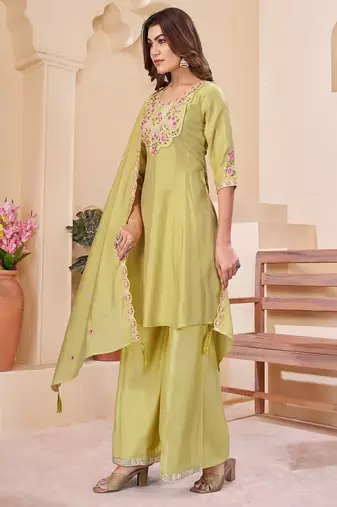 Embroidered chanderi anarkali kurta with pant & dupatta set for women