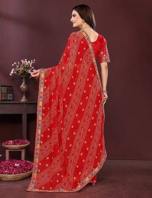Red bahdhani printed embroidered georgette saree with unstitched blouse 4