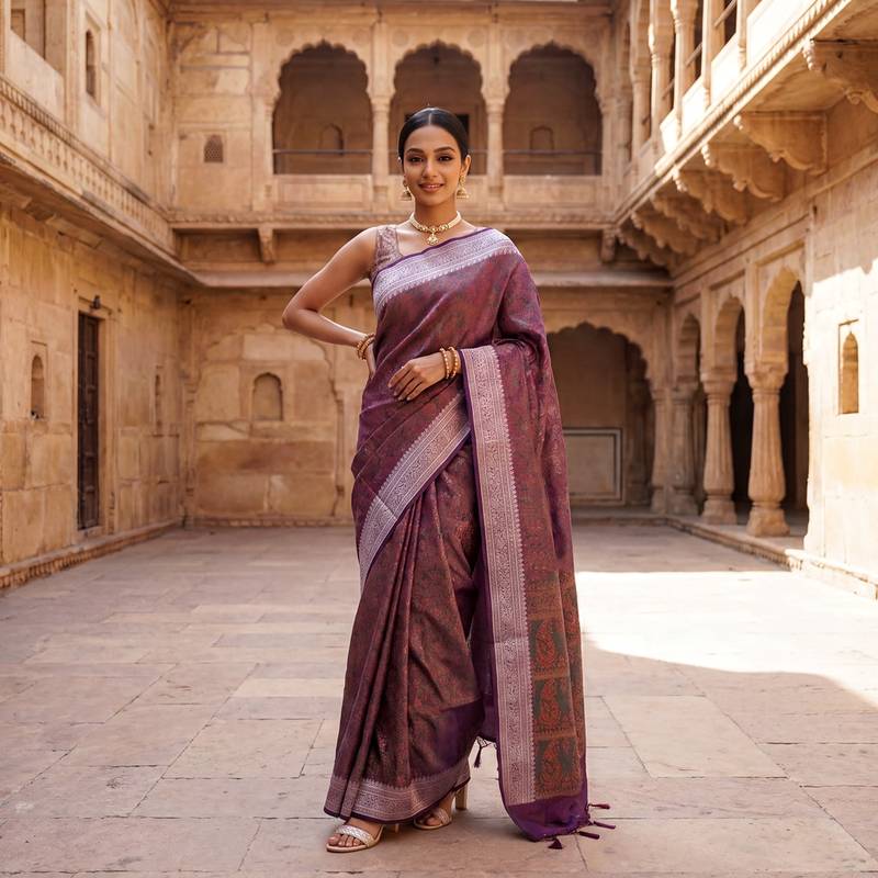 Megenta katan silk woven saree with blouse