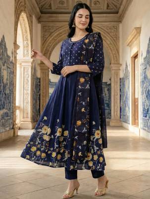 Blue printed pure cotton kurta trouser dupatta set 1