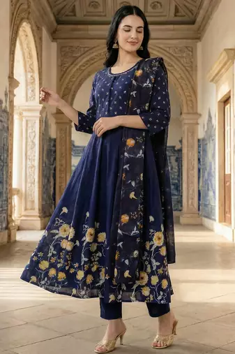 Blue printed pure cotton kurta trouser dupatta set