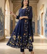 Blue printed pure cotton kurta trouser dupatta set