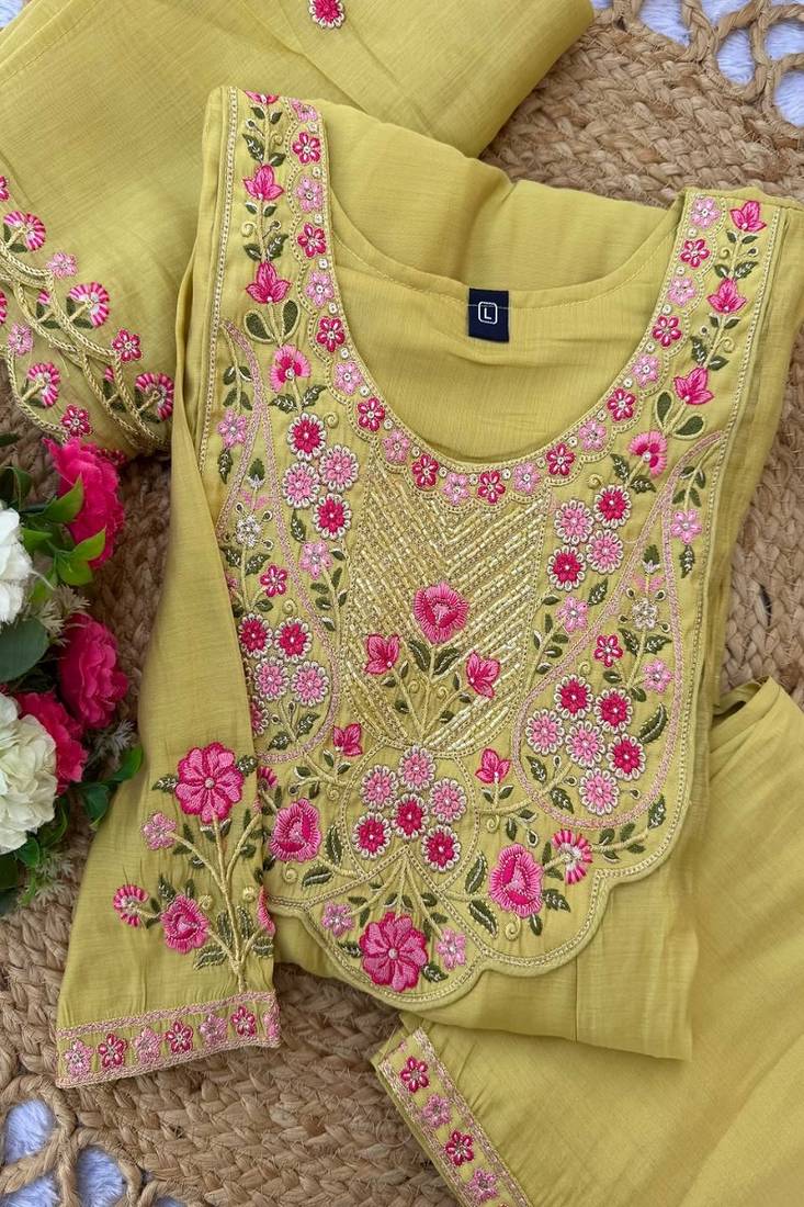 Embroidered chanderi anarkali kurta with pant & dupatta set for women