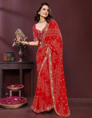 Red bahdhani printed embroidered georgette saree with unstitched blouse 5