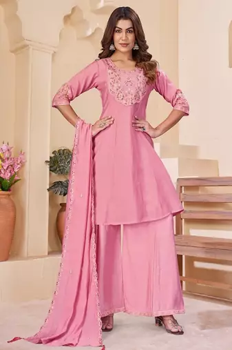 Embroidered chanderi anarkali kurta with pant & dupatta set for women