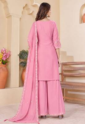 Embroidered chanderi anarkali kurta with pant & dupatta set for women 2
