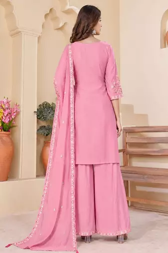 Embroidered chanderi anarkali kurta with pant & dupatta set for women