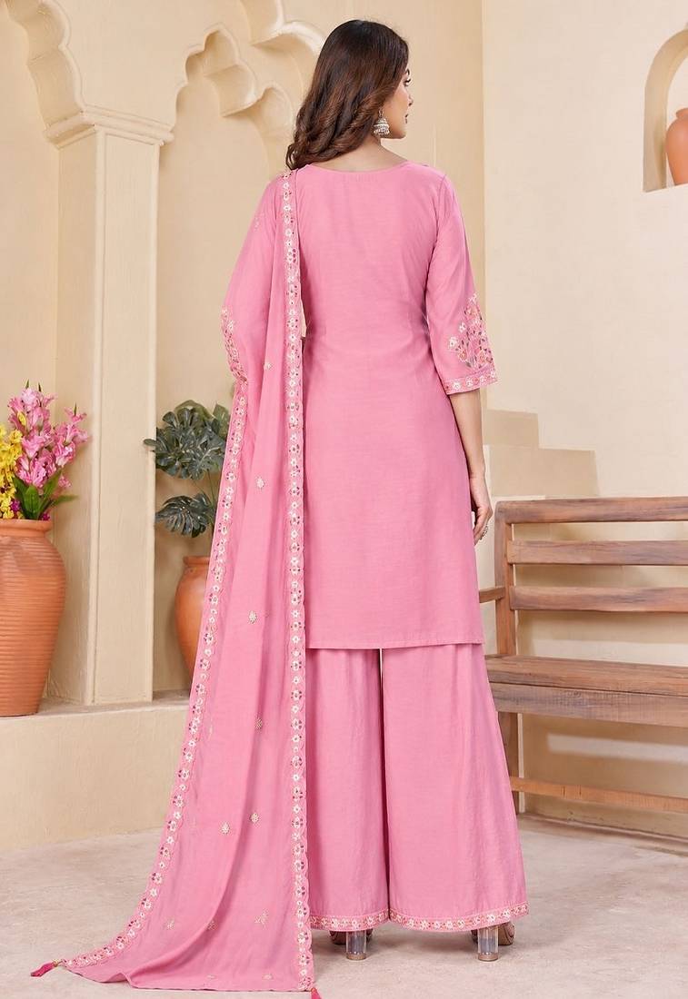 Embroidered chanderi anarkali kurta with pant & dupatta set for women
