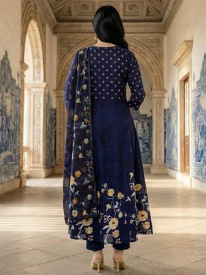 Blue printed pure cotton kurta trouser dupatta set 2