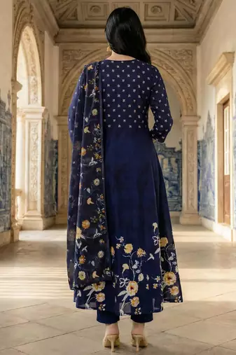 Blue printed pure cotton kurta trouser dupatta set