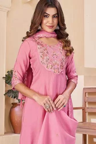 Embroidered chanderi anarkali kurta with pant & dupatta set for women