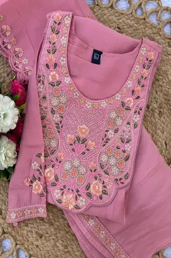 Embroidered chanderi anarkali kurta with pant & dupatta set for women