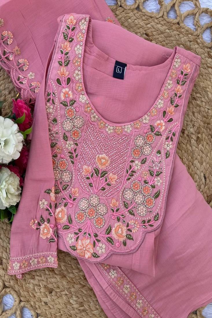 Embroidered chanderi anarkali kurta with pant & dupatta set for women