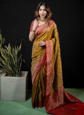 Lemon satin woven saree with blouse 1