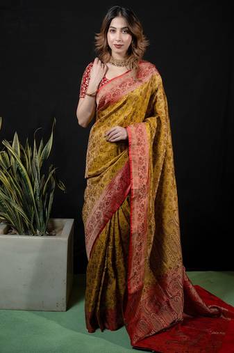 Lemon satin woven saree with blouse