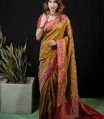 Lemon satin woven saree with blouse