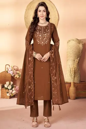 Embroidered silk kurta with pant & dupatta set for women