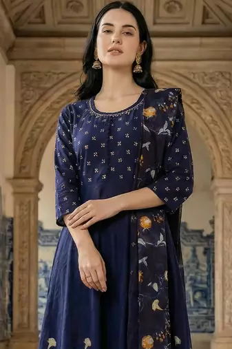 Blue printed pure cotton kurta trouser dupatta set