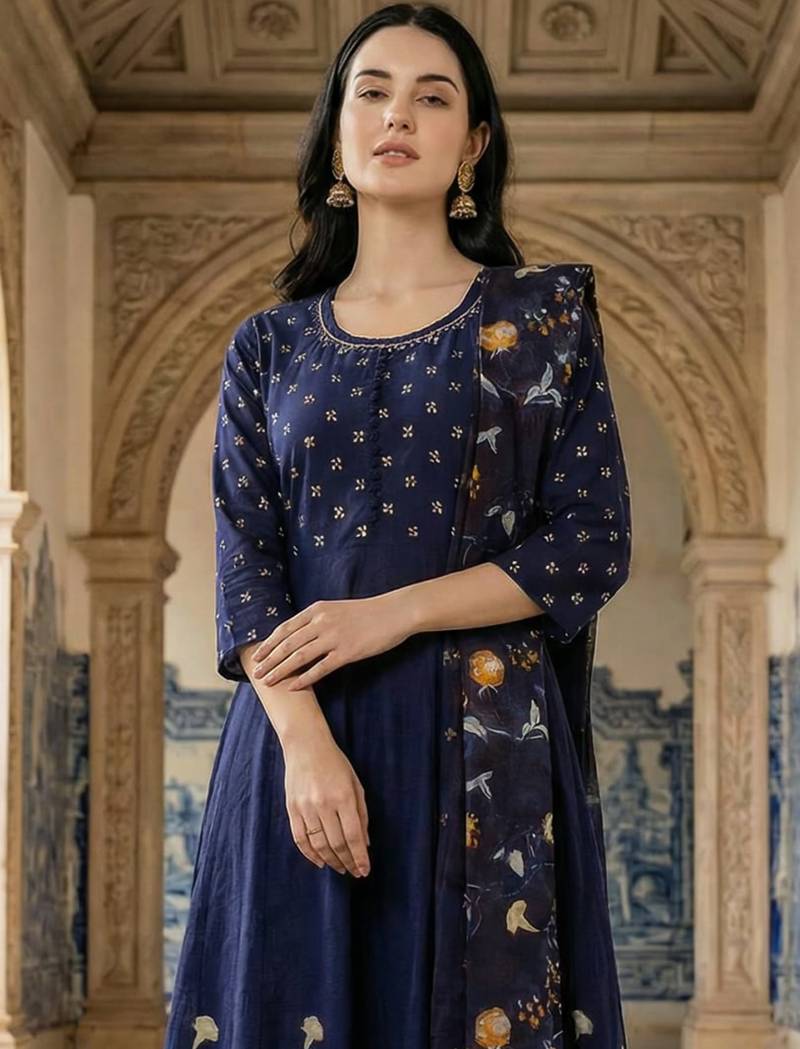 Blue printed pure cotton kurta trouser dupatta set