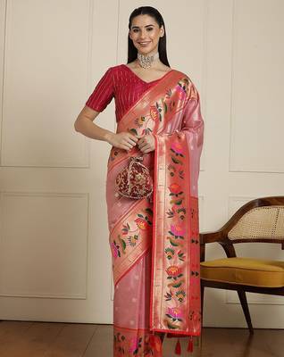 Pink floral woven design zari paithani saree 1