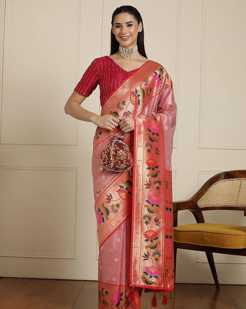Pink floral woven design zari paithani saree