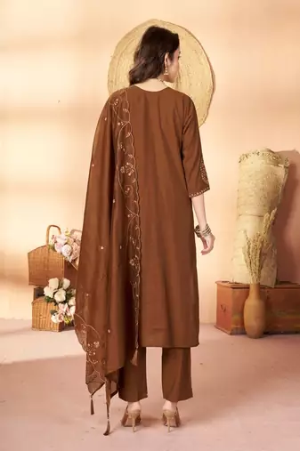 Embroidered silk kurta with pant & dupatta set for women