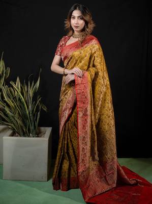 Lemon satin woven saree with blouse 2