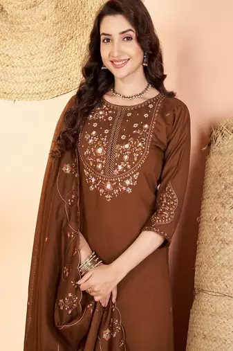 Embroidered silk kurta with pant & dupatta set for women