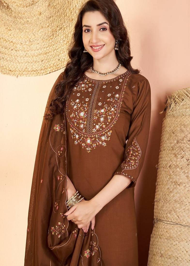 Embroidered silk kurta with pant & dupatta set for women