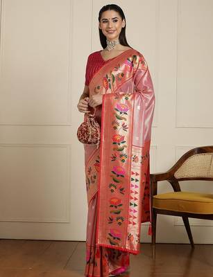 Pink floral woven design zari paithani saree 2